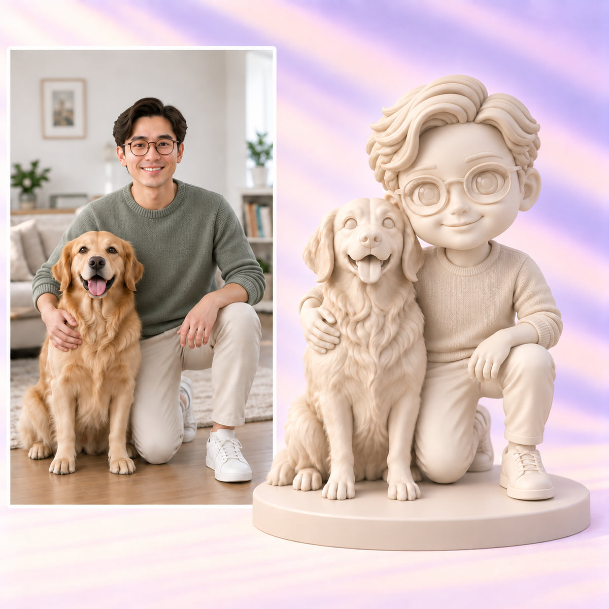 Foto di riferimento accanto a una statuina corrispondente di una persona e un golden retriever in Gallery White