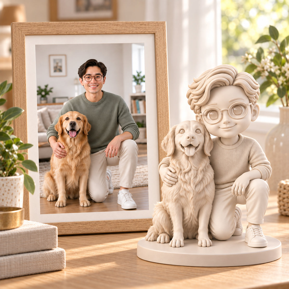 Miniatura Gallery White di una persona e un golden retriever accanto alla foto di riferimento corrispondente in un'accogliente scena domestica
