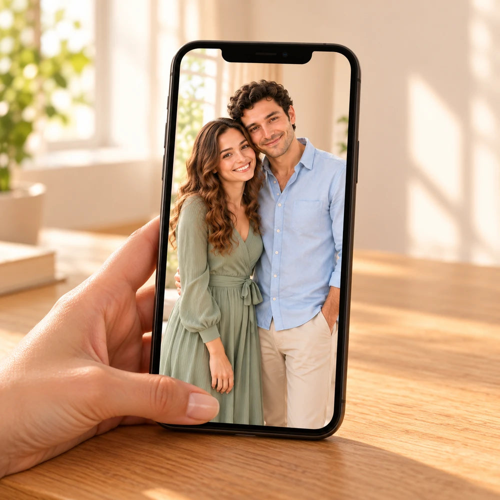 A couple photo on a phone, ready to use as a figurine reference