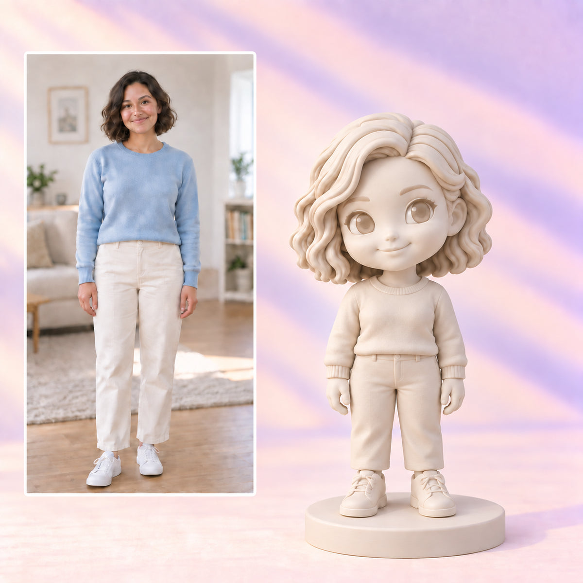 Referenzfoto und passende Figur in Gallery White mit kurzen, welligen Haaren