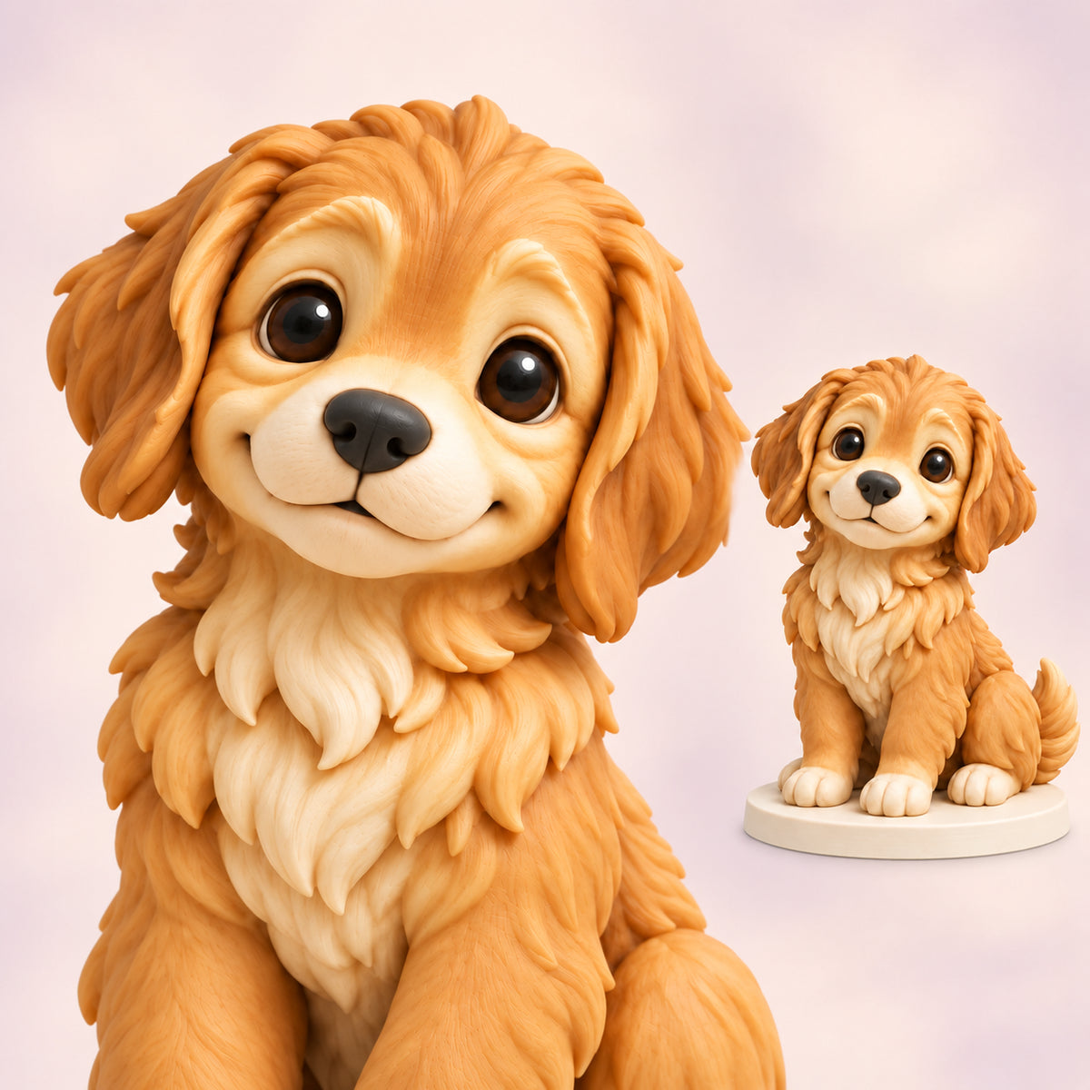 Close-up of a hand-painted pet figurine's sculpted fur and markings, with a full figurine view