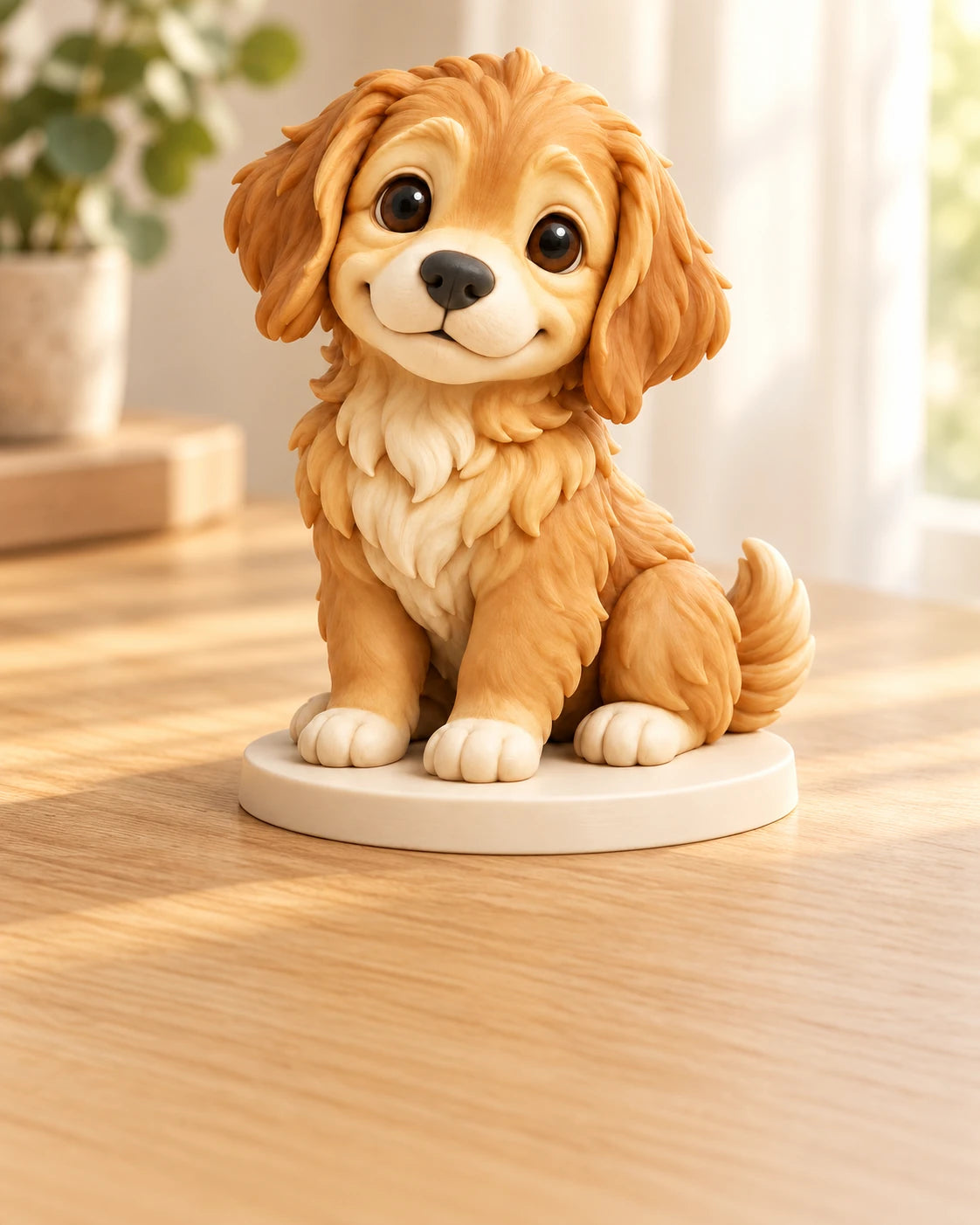 Golden dog figurine on an ivory display base
