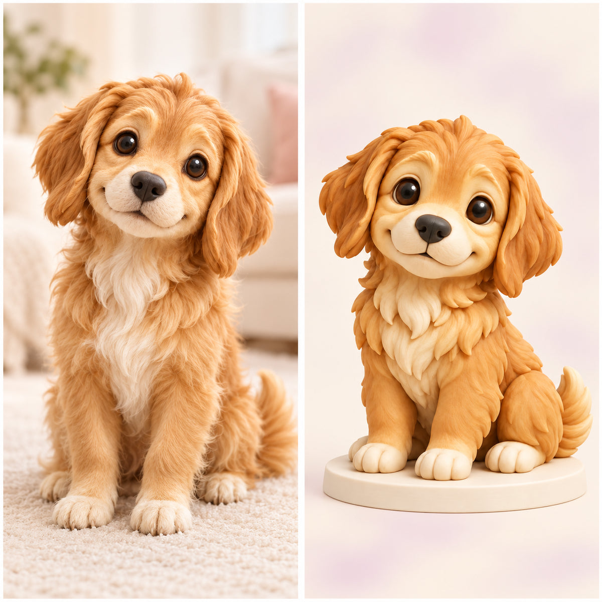 Pet photo inspiration beside the matching hand-painted figurine design