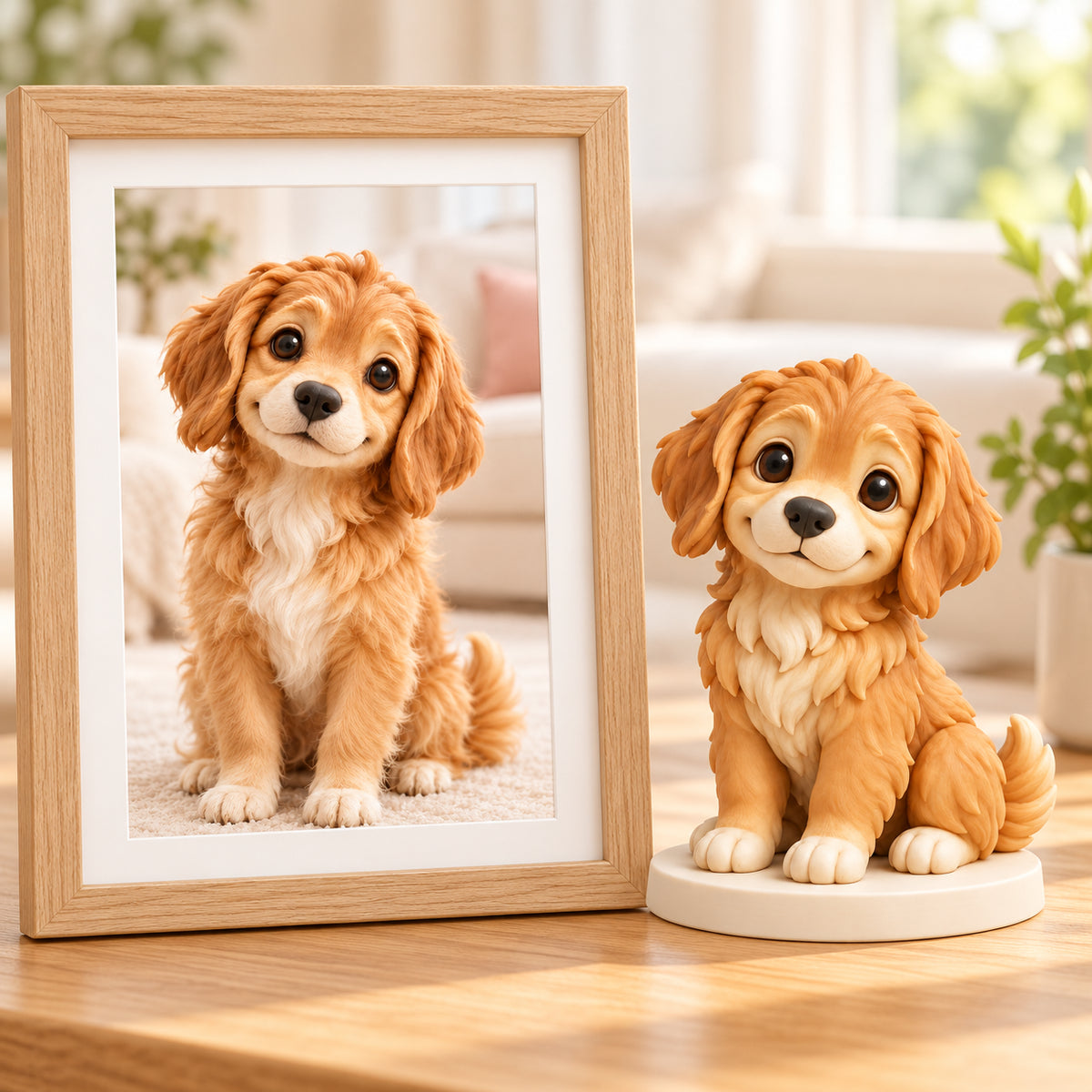 Hand-painted pet figurine design beside the matching photo inspiration on a warm wooden shelf