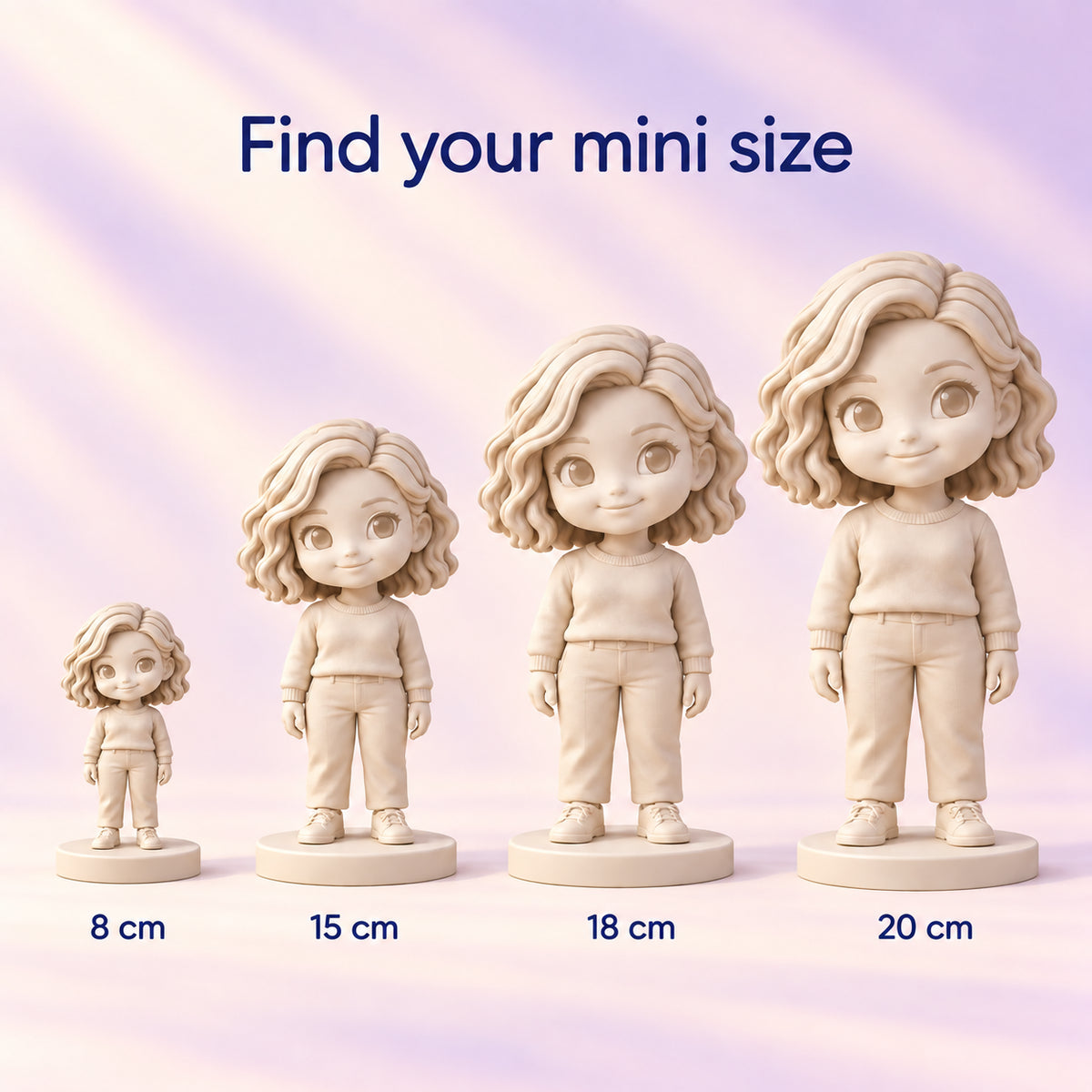 Größenübersicht für Figuren: 8, 15, 18 und 20 cm; das Aussehen variiert je nach individuellem Design