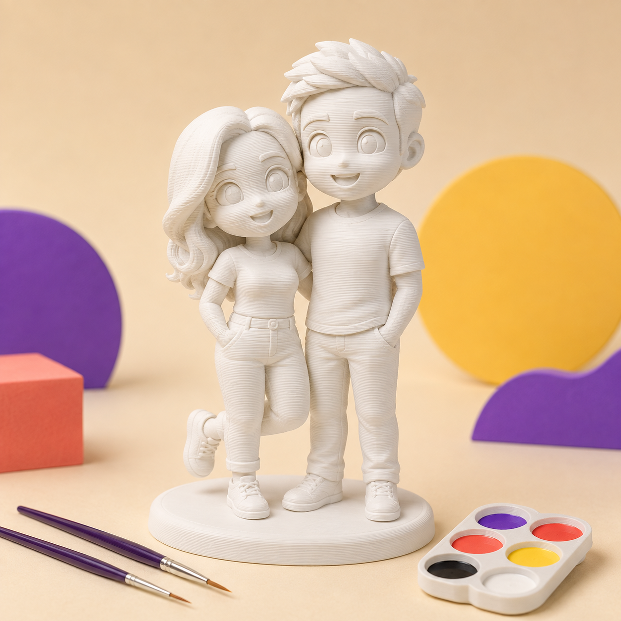 Custom unpainted white two-person PictoMini figure with display base and starter painting tools