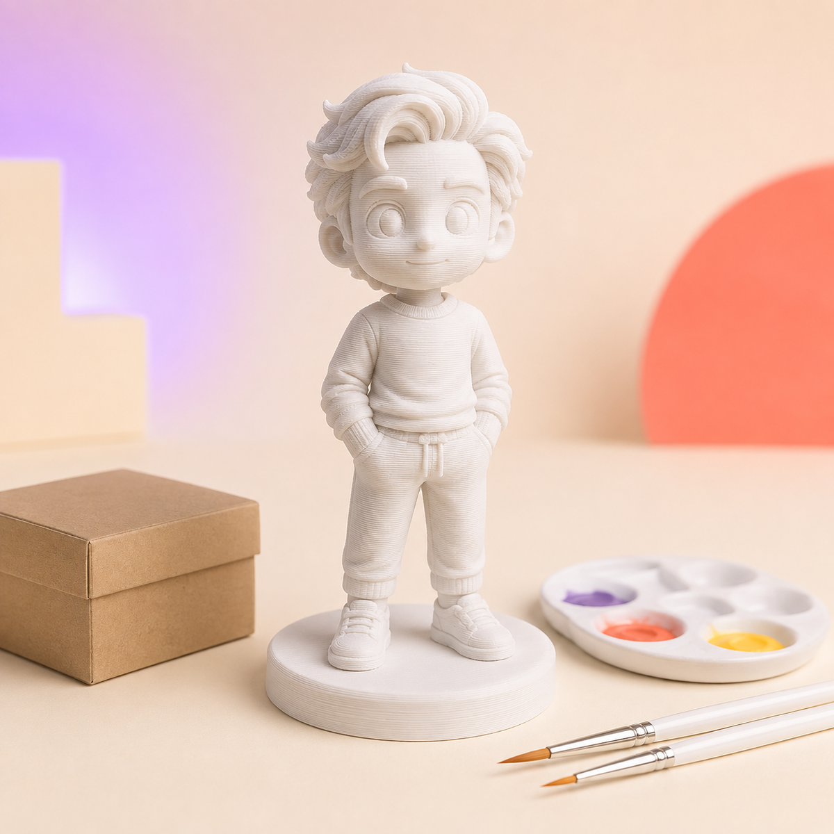 Custom unpainted white PictoMini figure with display base and starter painting tools
