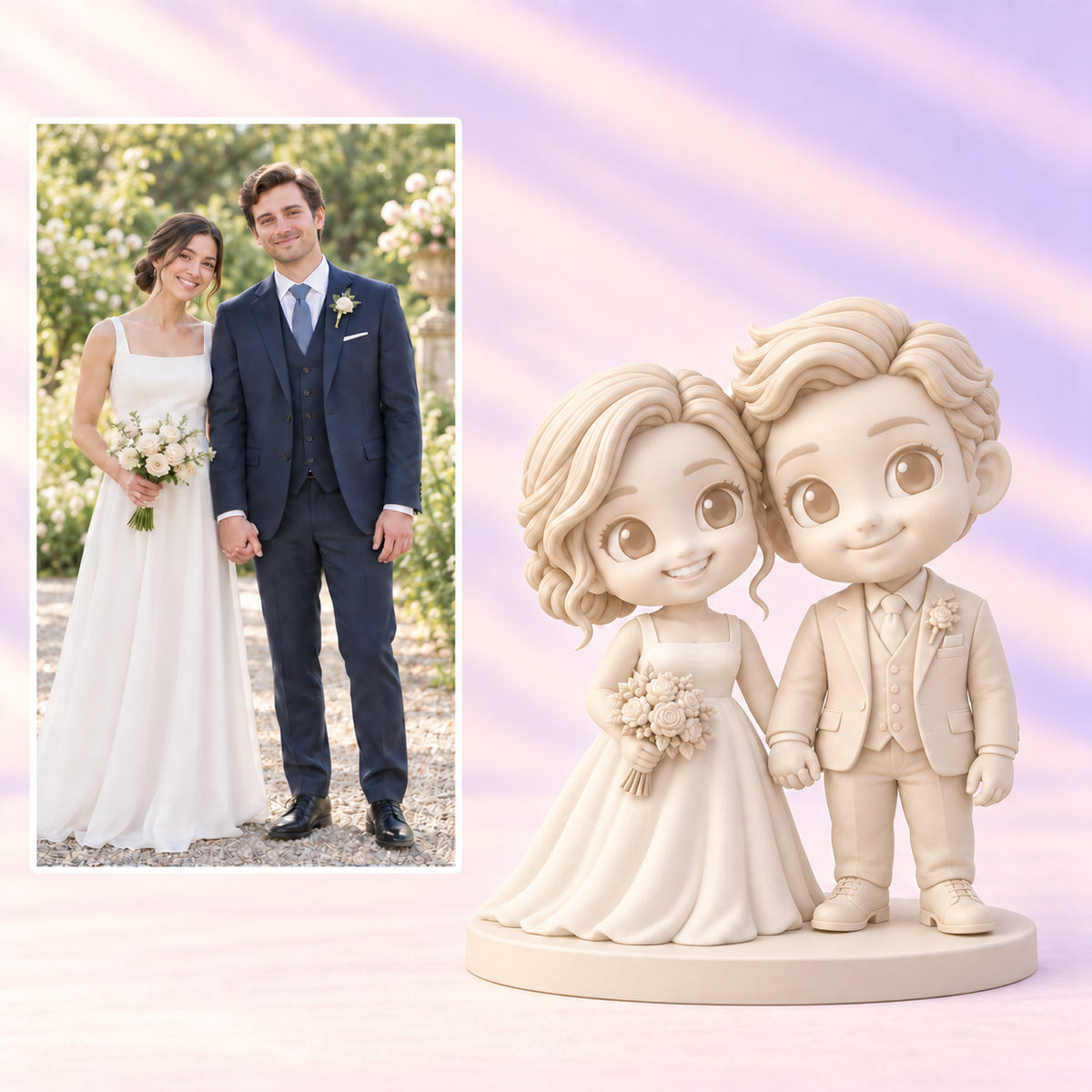 Foto de referencia junto a figuras de boda a juego en Gallery White