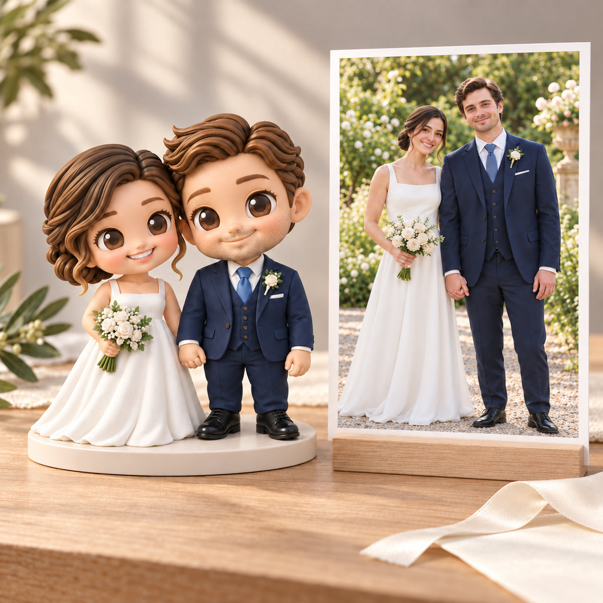 Wedding portrait beside matching hand-painted bride and groom figures in a gift setting
