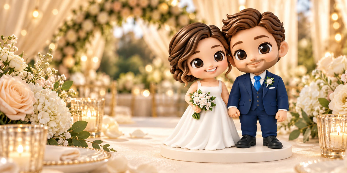 Painted bride and groom figurines on one base in a wedding scene