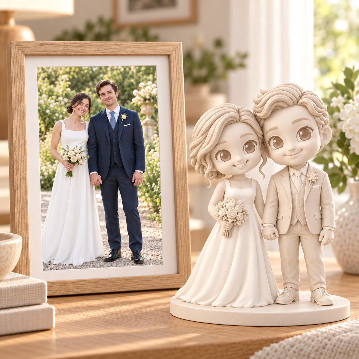 Miniatura Gallery White de una pareja de novios junto a su foto de referencia en una acogedora escena de hogar