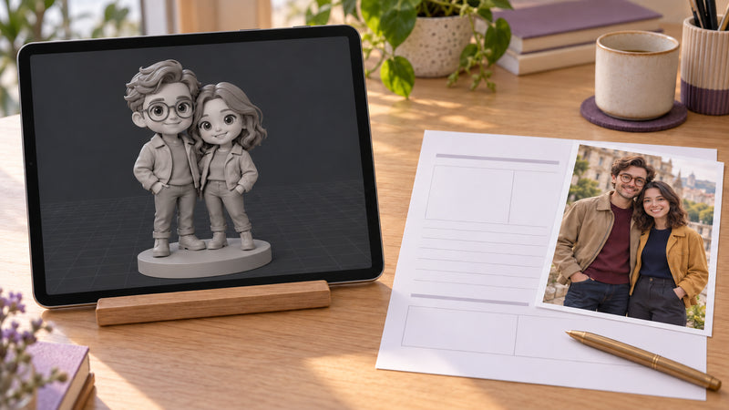 Couple reference photo beside a tablet showing the matching 3D figurine design